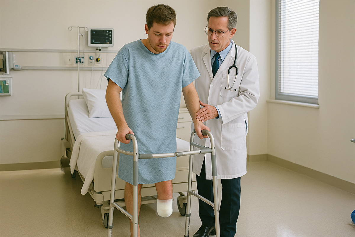 a doctor guiding a man to with a recently amputated leg walk