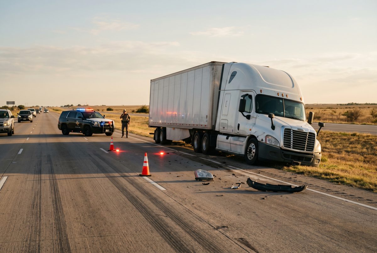 Jackknifed white semi-truck tractor-trailer blocking lanes on a North Texas highway at dusk with police lights and emergency flares