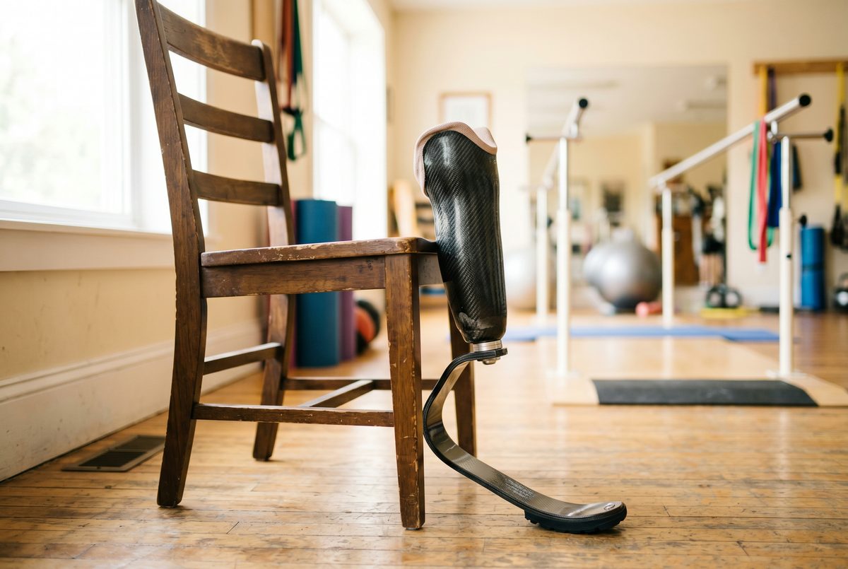 Modern carbon-fiber prosthetic lower-leg running blade propped against a wooden chair in a sunlit physical therapy rehabilitation clinic