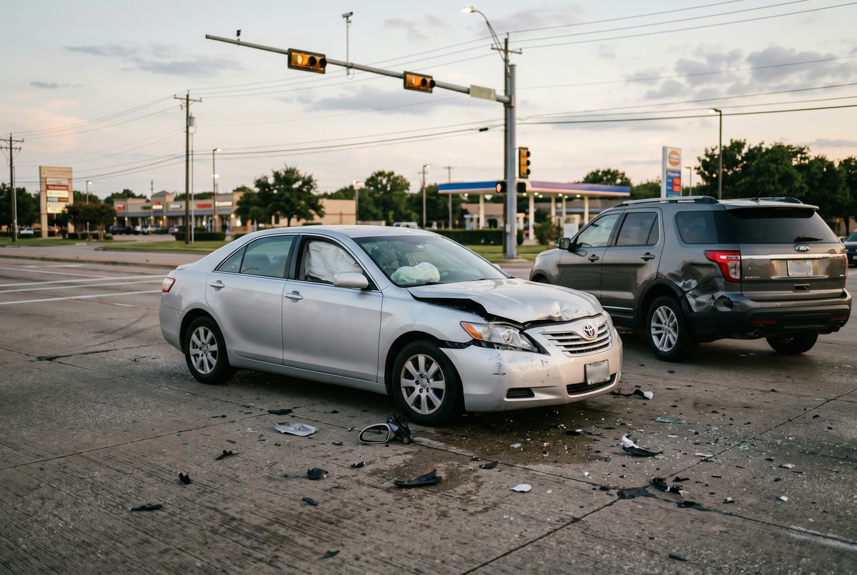 Two-car collision aftermath at a suburban intersection with a crumpled silver sedan and deployed airbag visible through the driver's window