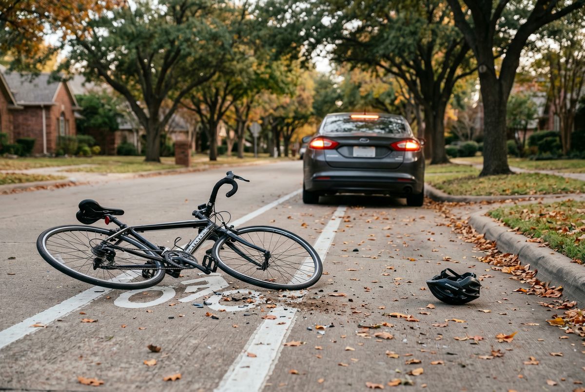 Damaged road bicycle and scuffed cycling helmet lying on a tree-lined suburban street after a collision with a stopped car