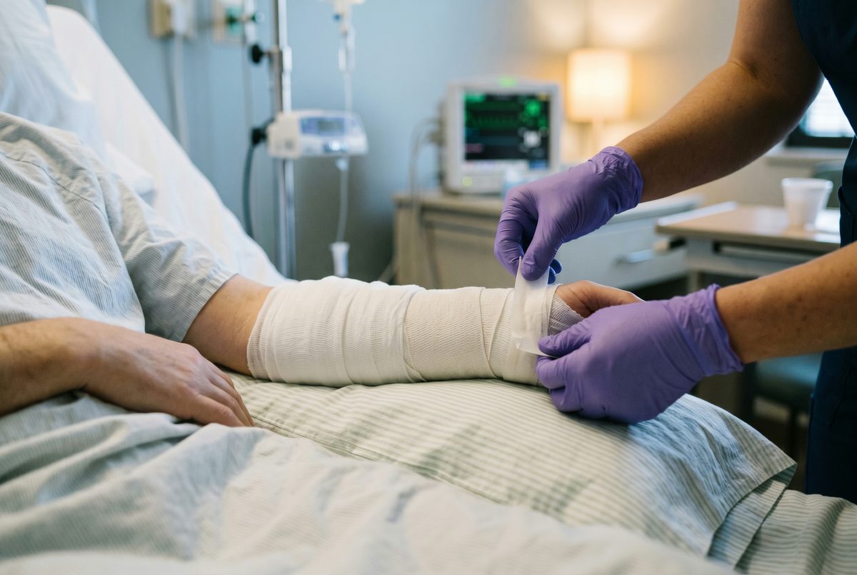 Patient's forearm wrapped in clean white sterile gauze bandages being gently adjusted by a nurse's gloved hand in a hospital bed setting