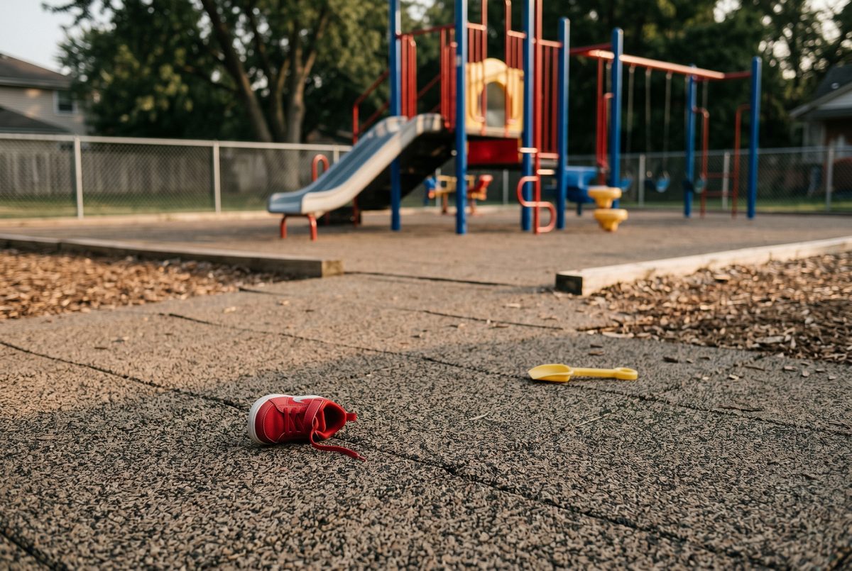 Empty daycare playground at dusk with a small red child's sneaker tipped over on the rubber-mat surface beneath a primary-colored play structure