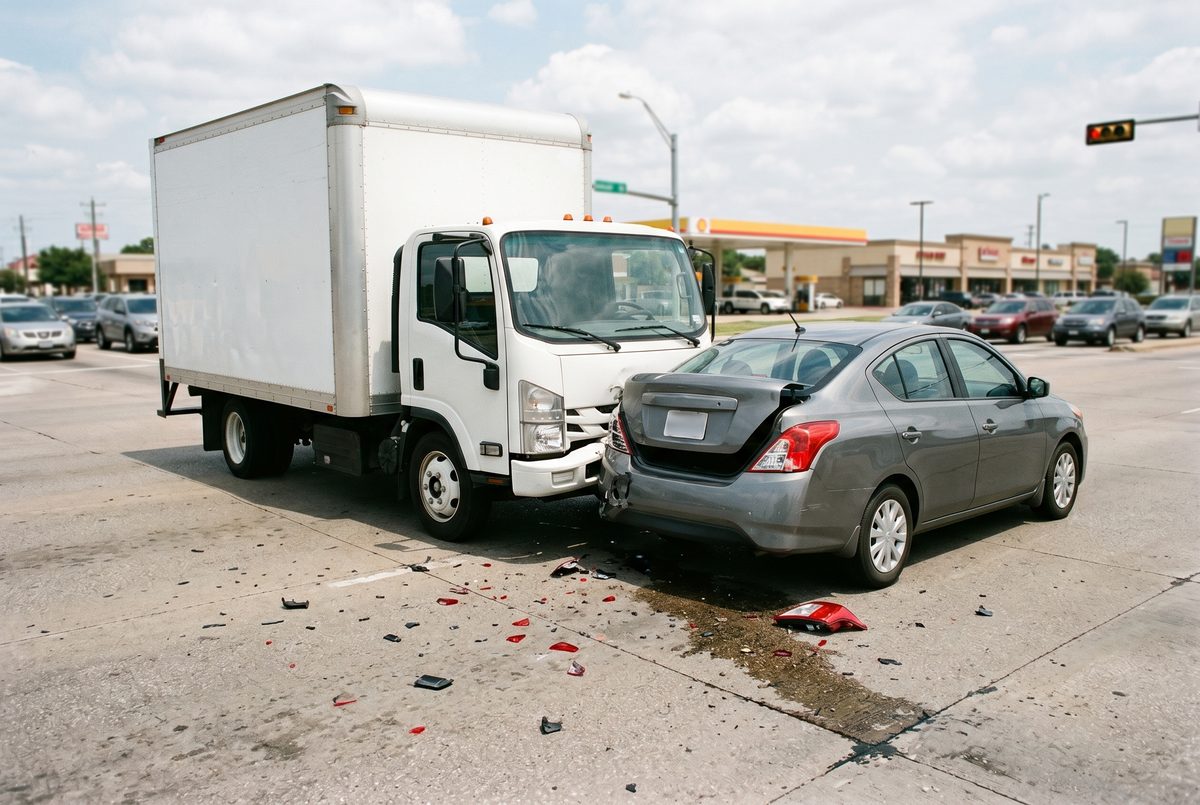 White commercial delivery box truck rear-ended into the back of a gray compact sedan at a North Texas intersection