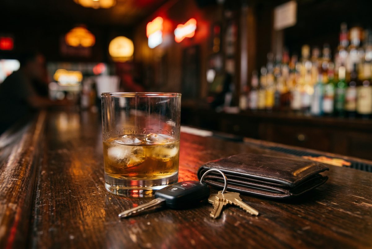 Half-finished tumbler of amber whiskey beside a set of car keys and a leather wallet on a polished wooden bar top with blurred bar lights behind