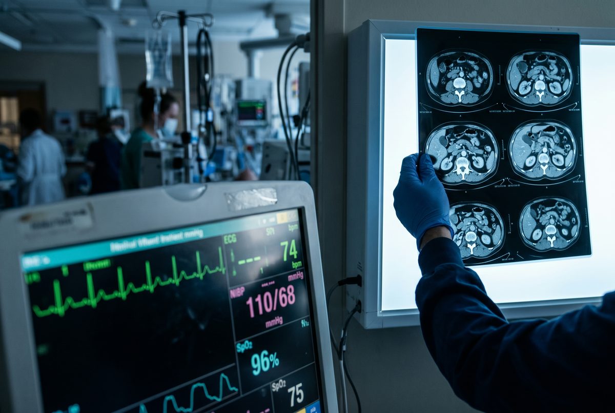 Clinical hospital vital-signs monitor displaying a green ECG waveform with a radiologist holding an abdominal CT scan film on a lightbox in the background