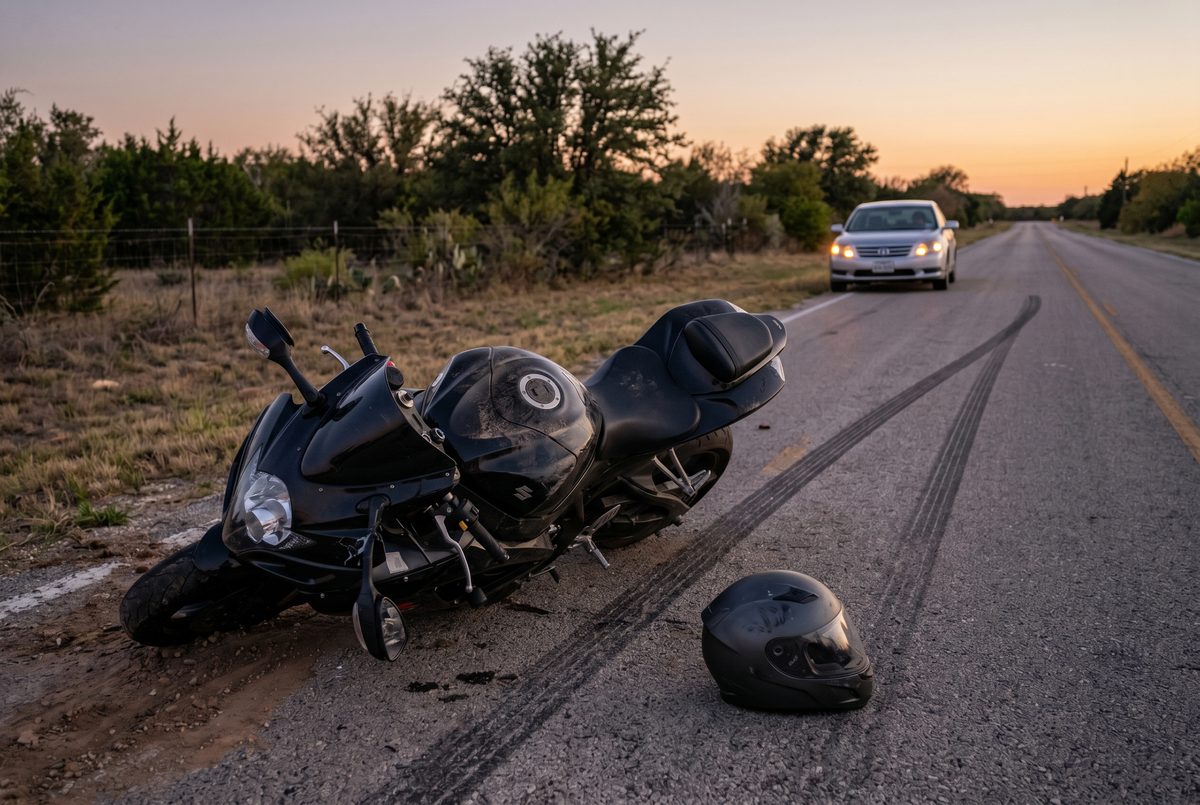Fallen black sport motorcycle on the shoulder of a rural North Texas two-lane road at dusk with a scuffed helmet and long skid marks