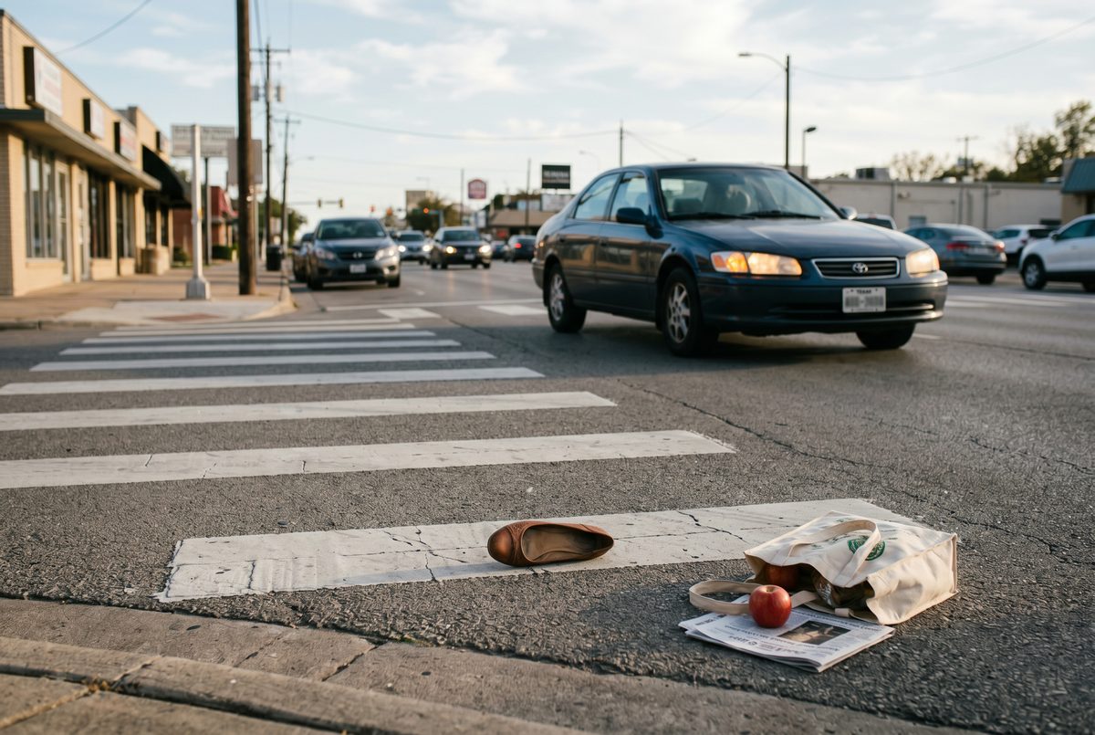 Single brown leather shoe and dropped grocery items lying in a painted city crosswalk with a stopped car nearby and hazard lights flashing