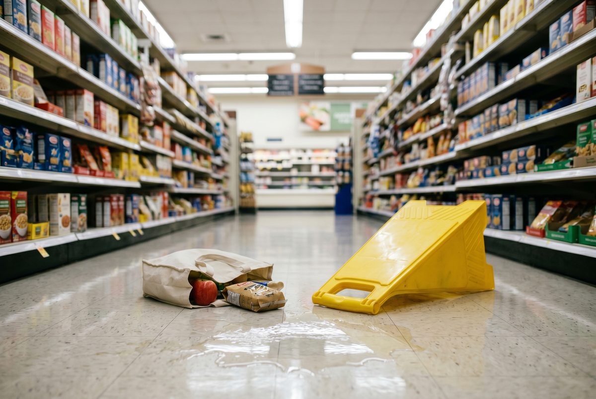 Wet floor spill in a grocery store aisle with a yellow caution pylon tipped over beside a dropped shopping bag of spilled items