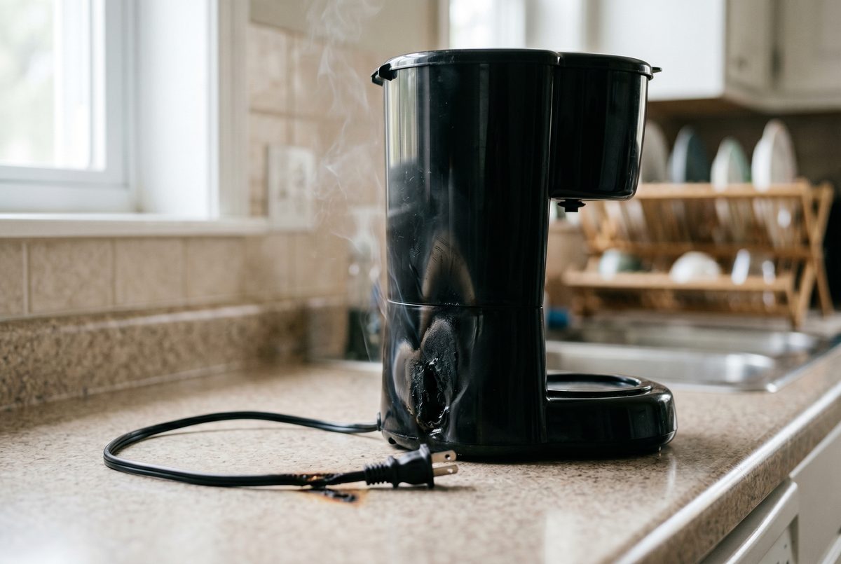 Defective black countertop kitchen appliance with a charred scorch mark and a scorched power cord on a clean kitchen counter