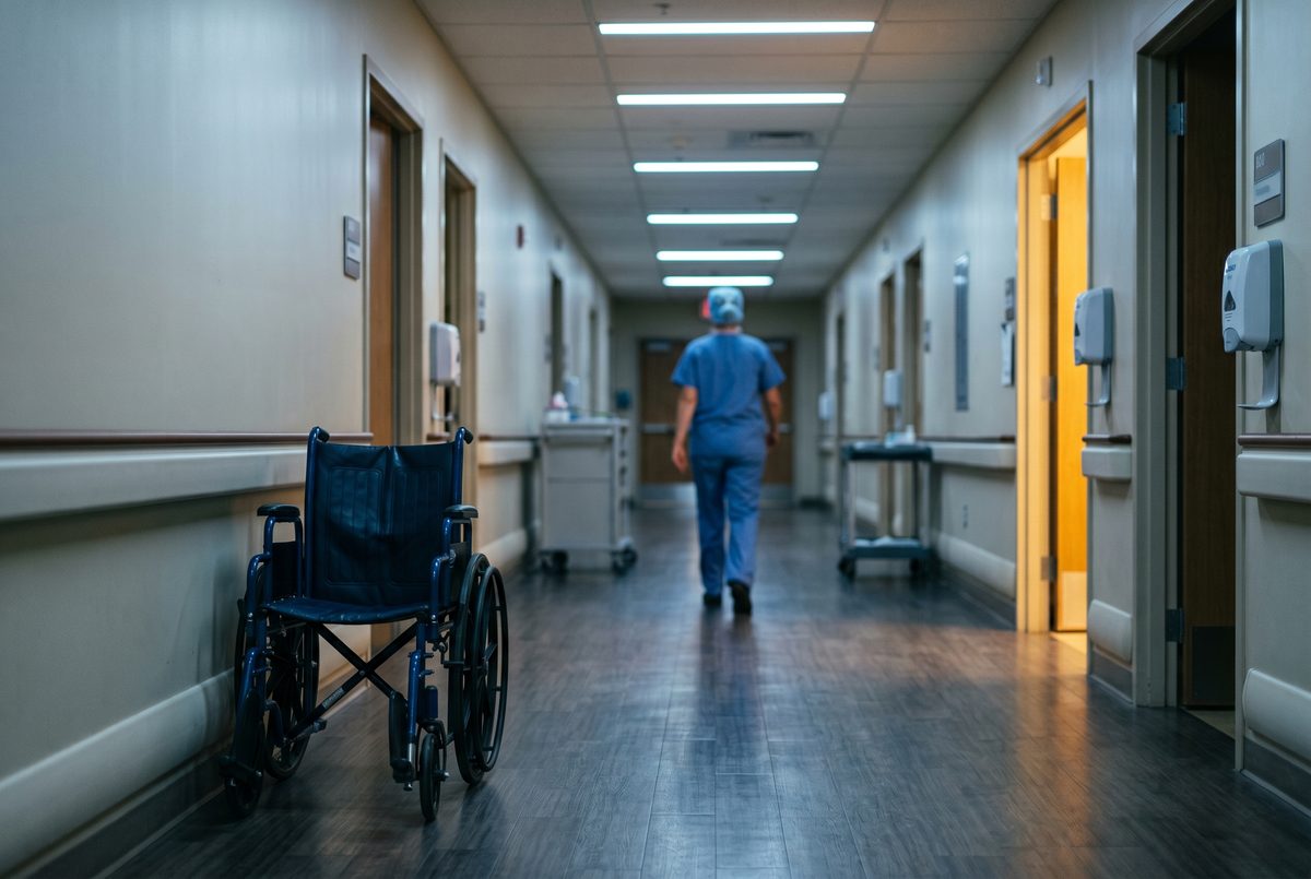 Quiet modern hospital corridor with an empty folded wheelchair parked against the wall and a healthcare worker in scrubs walking away in the background