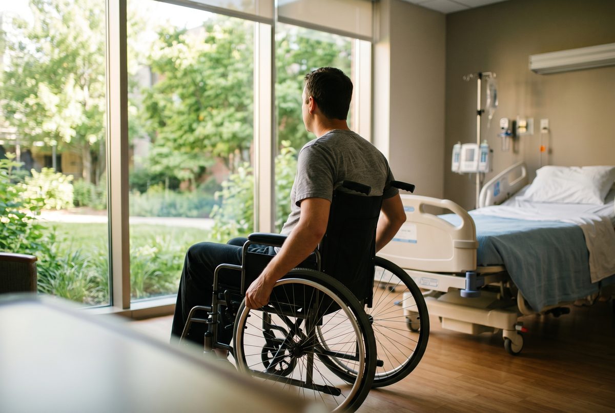 Patient in a modern manual wheelchair, seen from behind, looking out a large hospital window at a sunlit courtyard in morning light