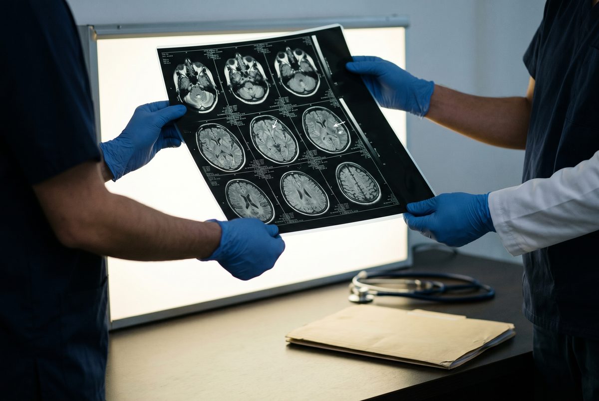Anonymous clinician's hands holding a backlit human brain MRI scan film on a clinical white lightbox in a hospital examination room