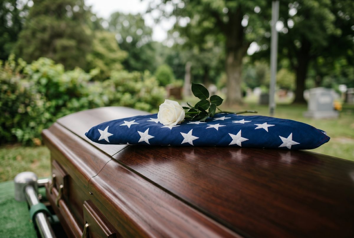 Folded triangular American flag and a single white rose resting on the polished mahogany lid of a closed casket at a cemetery