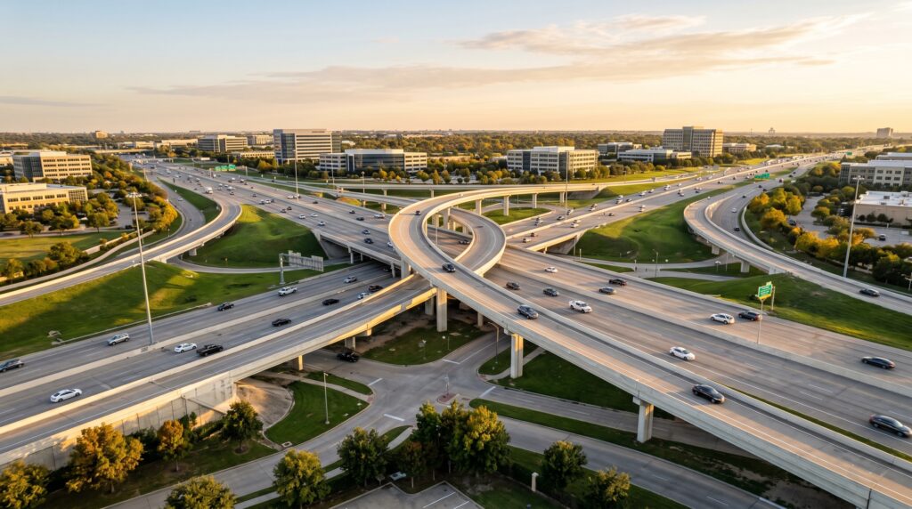 Aerial view of a North Texas highway interchange at golden hour — Frisco car accident lawyer guide