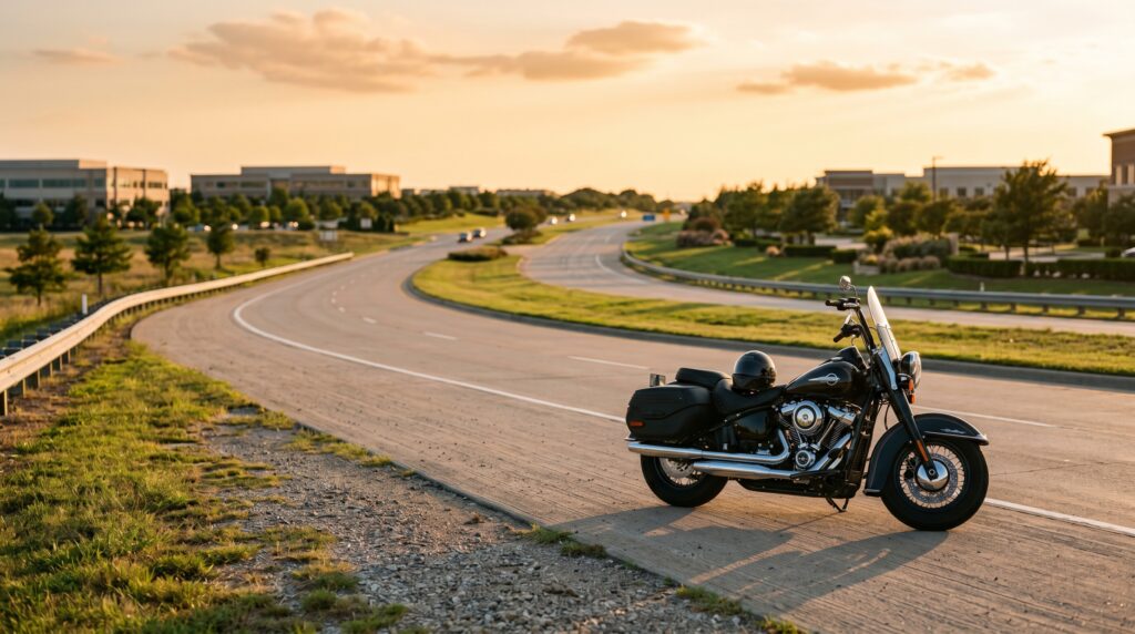 Motorcycle parked on an open North Texas highway at golden hour, Frisco motorcycle accident lawyer guide