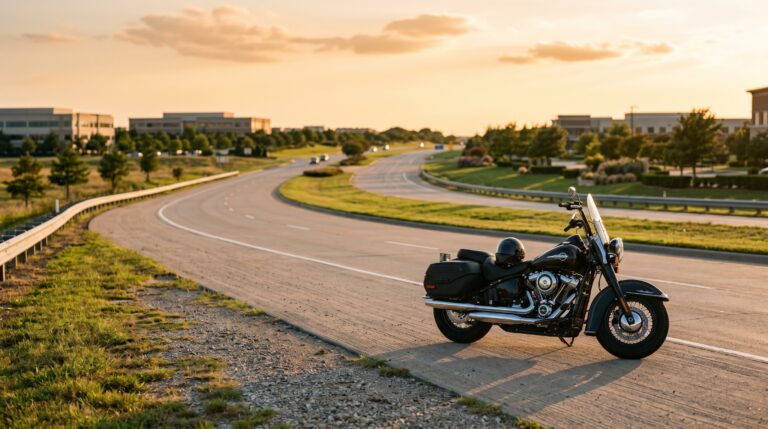 Motorcycle parked on an open North Texas highway at golden hour, Frisco motorcycle accident lawyer guide