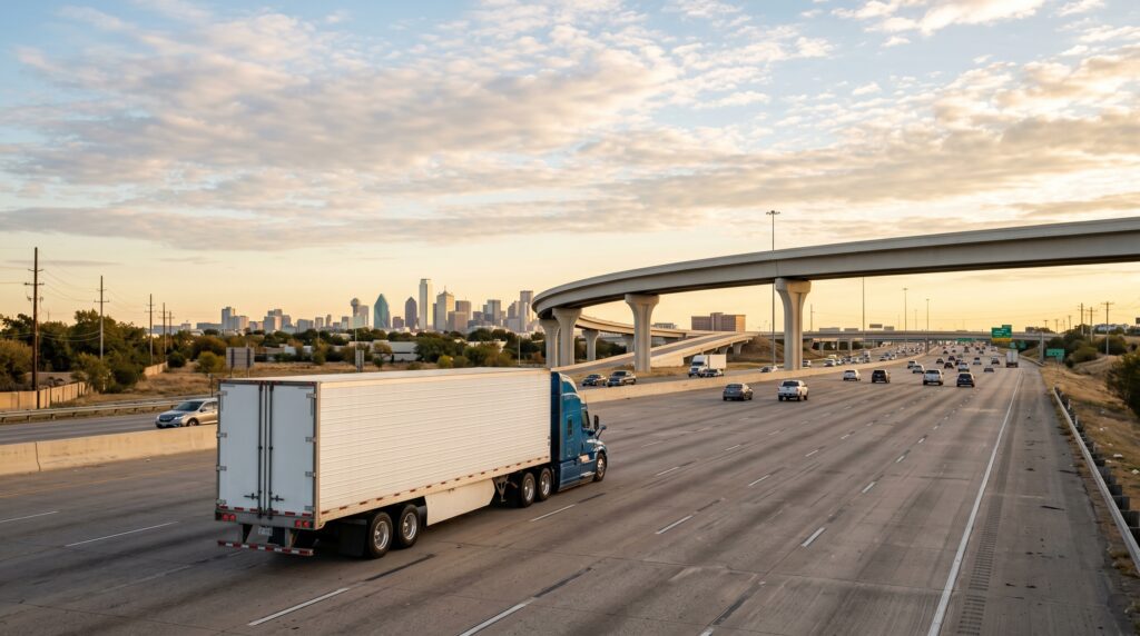 18-wheeler on a Dallas-Fort Worth interstate at sunset — Garland 18-wheeler crash on I-30