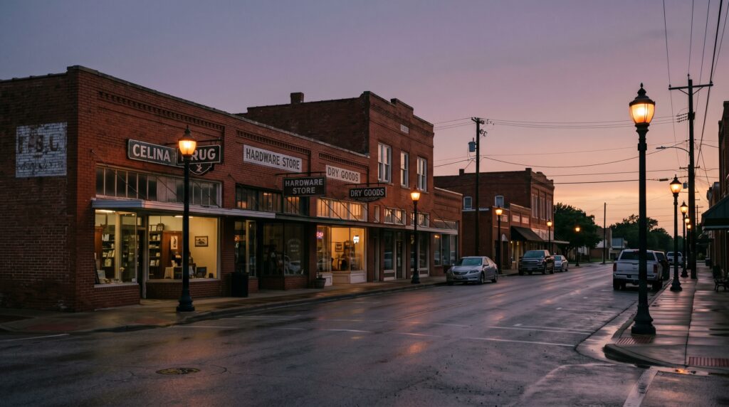 Historic downtown Celina, Texas at dusk, served by a Celina car accident lawyer at Snellings Injury Law