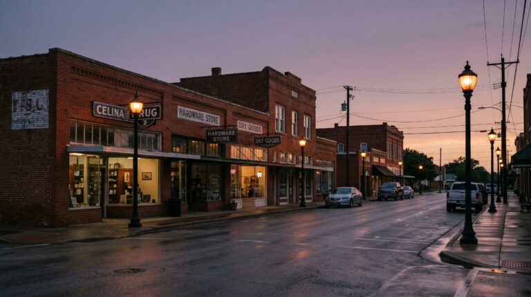 Historic downtown Celina, Texas at dusk, served by a Celina car accident lawyer at Snellings Injury Law
