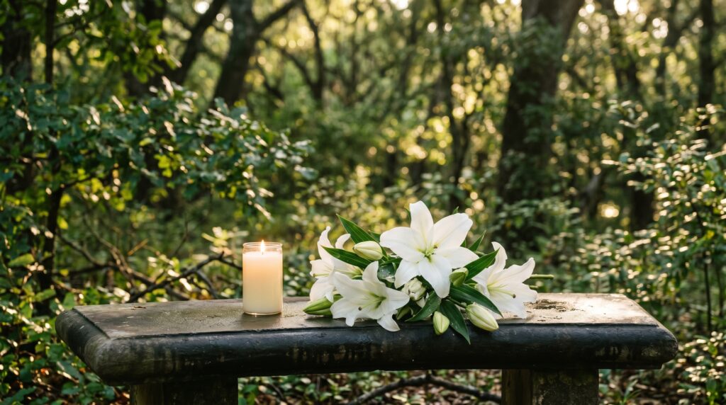 Lit memorial candle and white lilies on a bench, representing a Frisco wrongful death lawyer's compassion