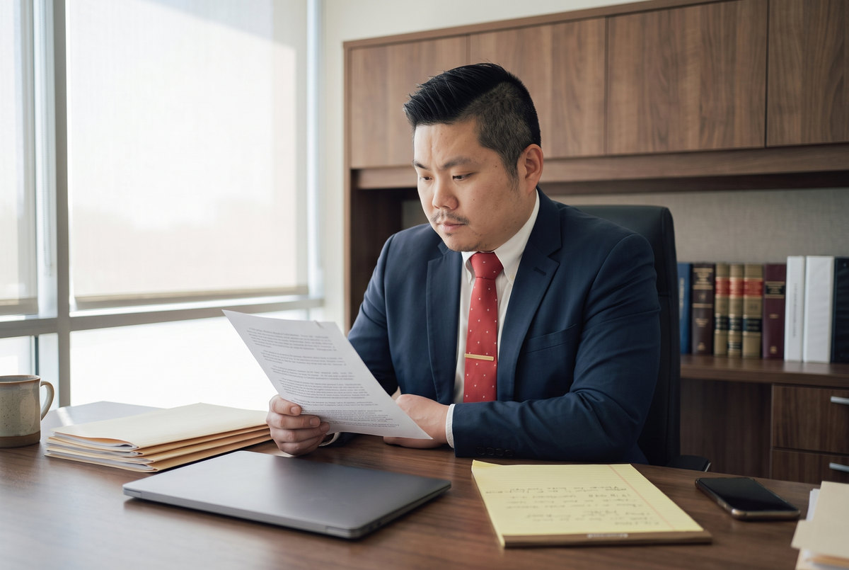 Attorney Ray Chow reviewing case documents for a client, rideshare accident lawyer Frisco TX serving injured passengers and drivers.