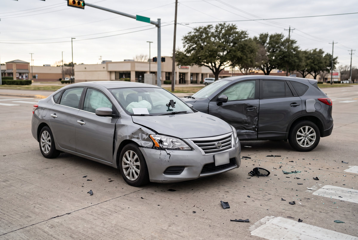 Silver sedan with crumpled front-end damage and a gray SUV with side impact damage stopped in a suburban North Texas intersection after a rideshare crash