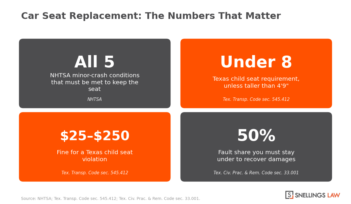 Key numbers for car seat replacement after an accident in Texas: all five NHTSA minor-crash conditions, the under-8 seat requirement, the $25 to $250 fine, and the 50% fault limit