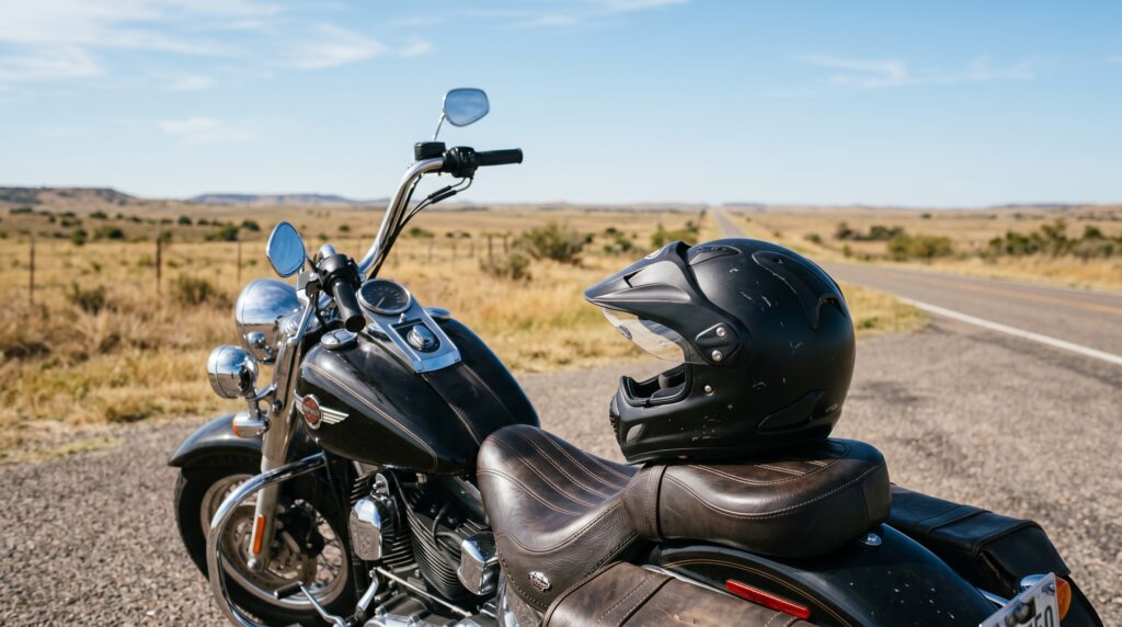 DOT-certified helmet resting on a parked motorcycle on a Texas highway, illustrating whether motorcycle helmets are required in Texas