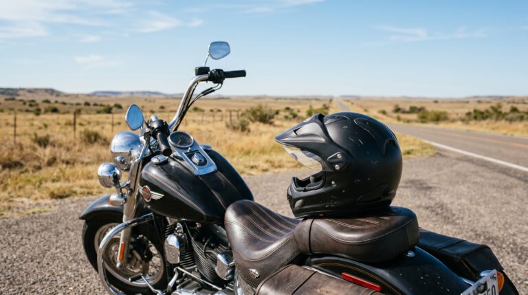 DOT-certified helmet resting on a parked motorcycle on a Texas highway, illustrating whether motorcycle helmets are required in Texas