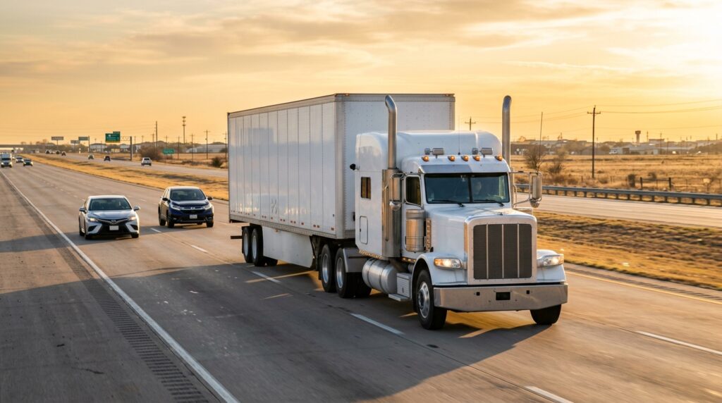 18-wheeler sharing a North Texas highway with passenger cars, illustrating what a Frisco 18-wheeler accident lawyer investigates after a wreck