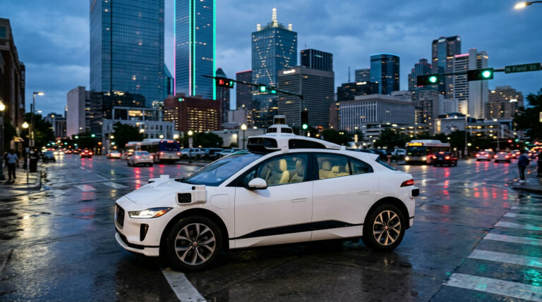 Driverless robotaxi in a downtown Dallas intersection, illustrating when to call a robotaxi accident lawyer Texas drivers can turn to