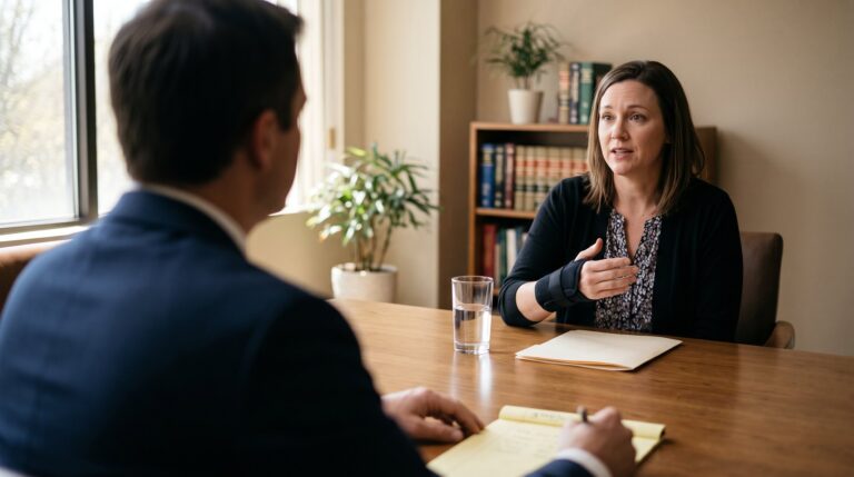 Client describing her wrist injury to her attorney across a conference table, illustrating plaintiff preparation in a personal injury case