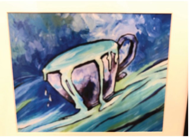 A painting of a white cup tipping over in swirling blue paint