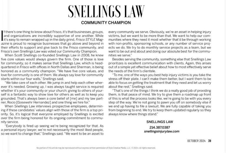 FriscoSTYLE article naming Snellings Law its Community Champion, Best of Business 2024