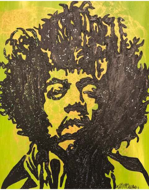 A black and yellow painted portrait of Jimi Hendrix
