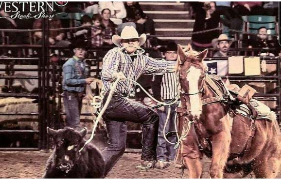 A cowboy roping a calf at a rodeo, with his horse beside him
