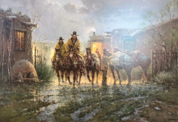 A painting of cowboys on horseback riding through a rainy frontier town