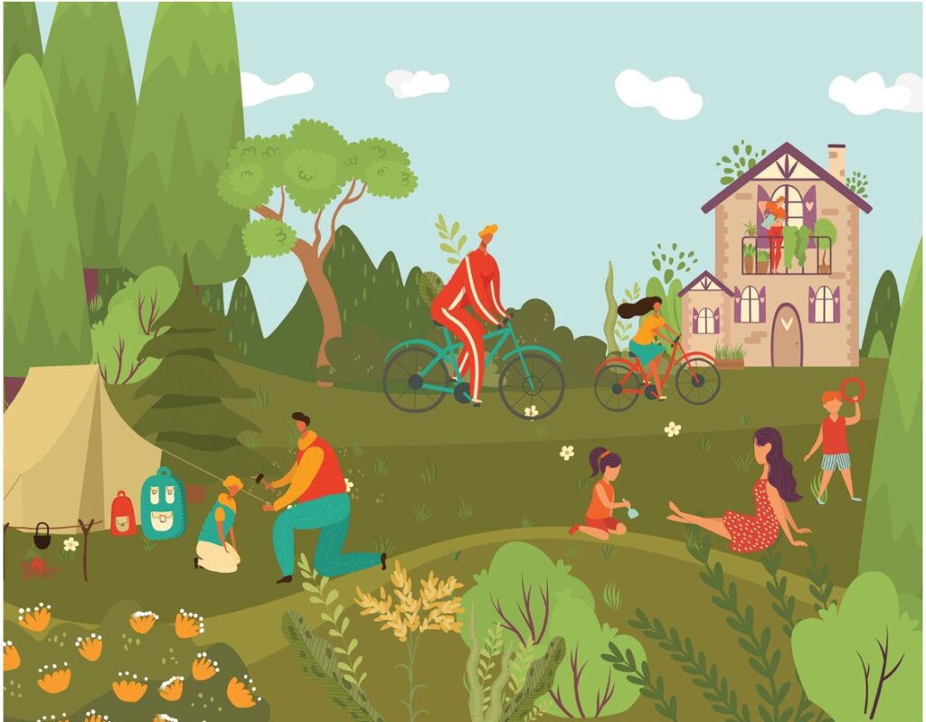 An illustration of families biking, picnicking and playing in a park